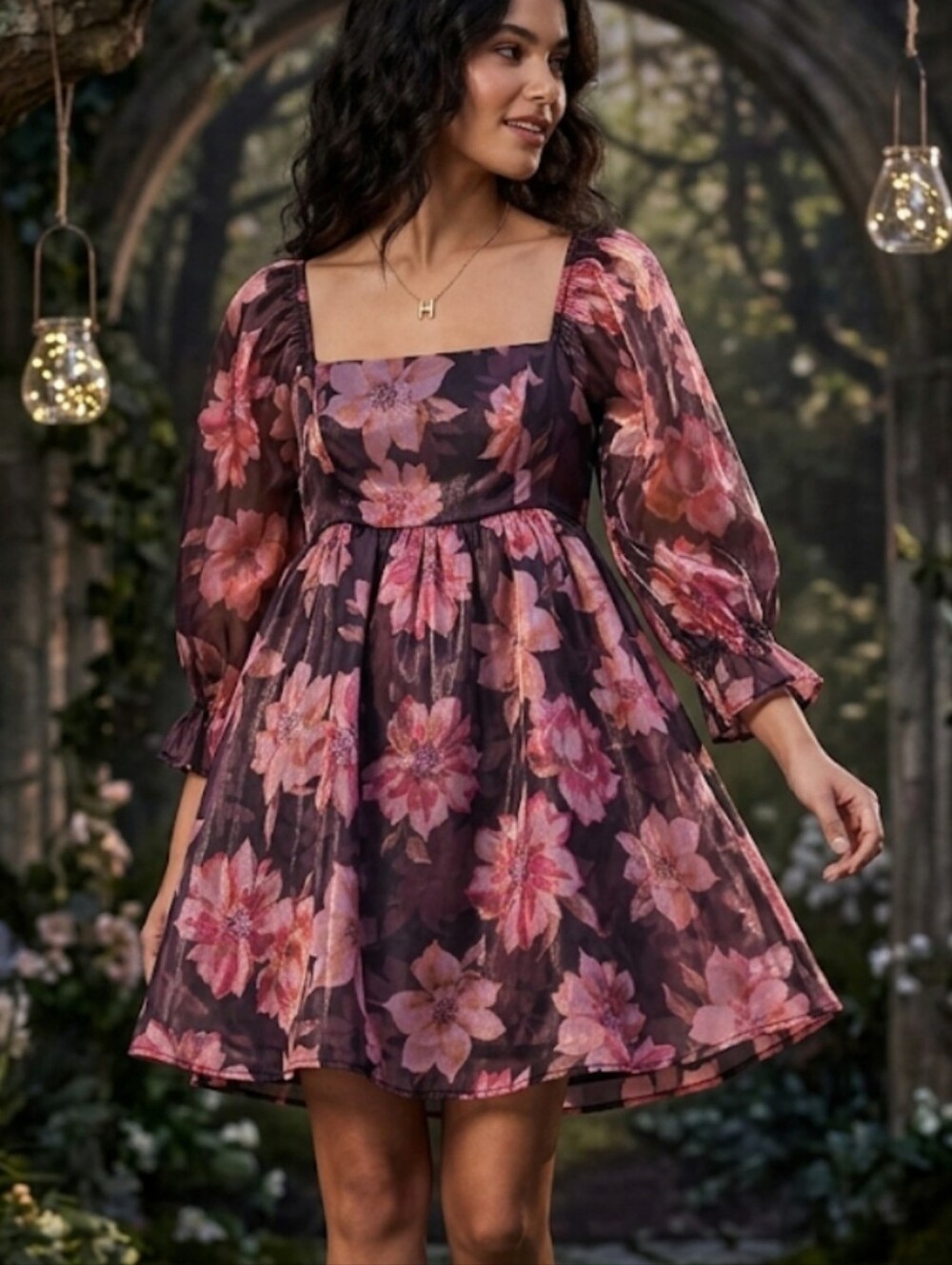 4-Hearts Dark Plum Floral Shimmery Organza Babydoll Mini Dress - Size Small